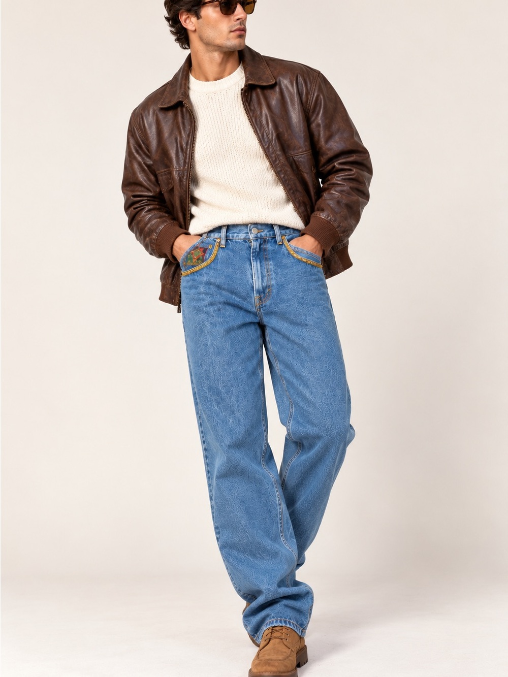 Relaxed Light Blue Men's Jeans with Embroidered Pocket Detail